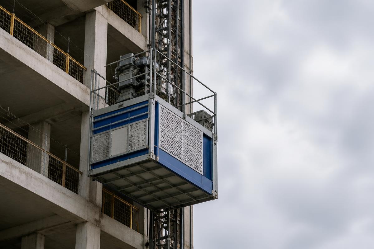 Dźwig budowlany zamontowany na elewacji budynku
